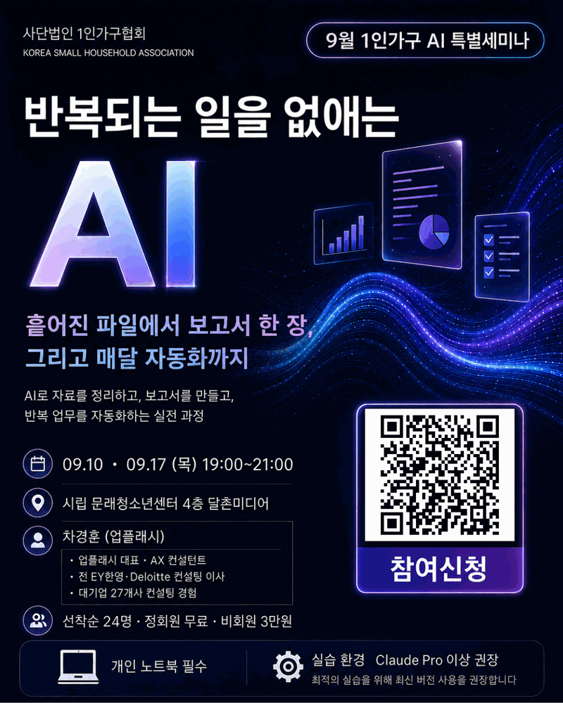 9월 1인가구 AI 특별세미나 〈반복되는 일을 없애는 AI〉 — 흩어진 파일에서 보고서 한 장, 그리고 매달 자동화까지 (강사 차경훈, 9/10·9/17 문래청소년센터)
